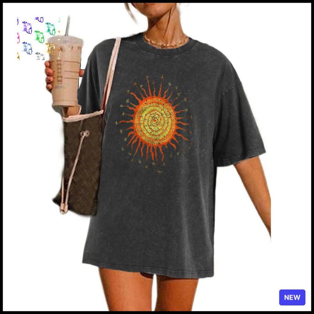 Vintage Oversized Graphic Tee Distressed Sun Print Y2k Boho Casual Top